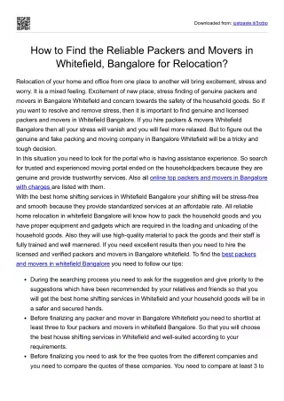 How to Find the Reliable Packers and Movers in Whitefield Bangalore for Relocation