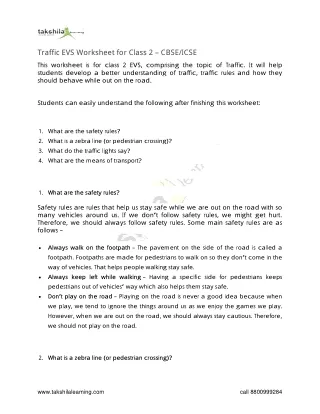 traffic evs worksheet for class 2 cbse icse