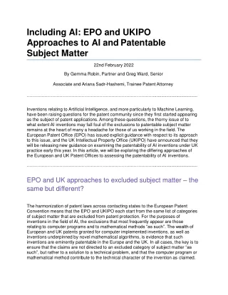 Including AI: EPO and UKIPO Approaches to AI and Patentable Subject Matter