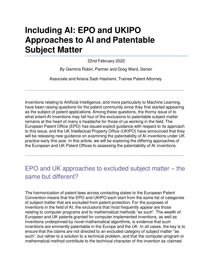 including ai epo and ukipo approaches to ai and patentable subject matter