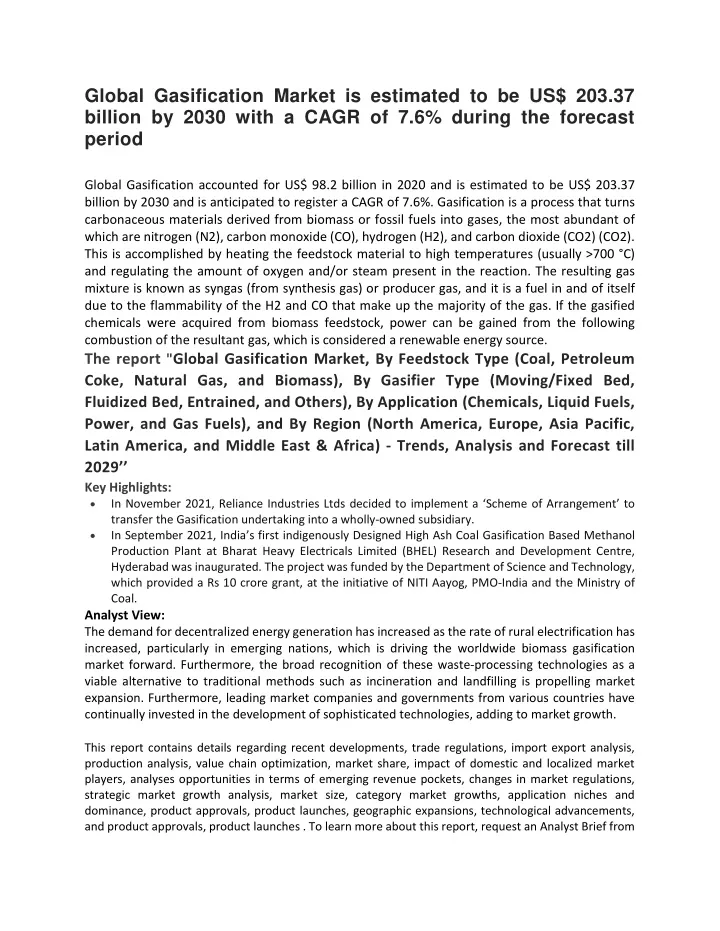 global gasification market is estimated