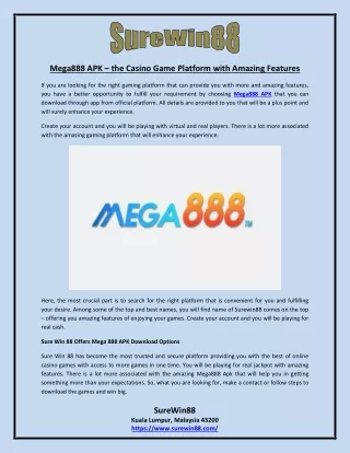 Mega888 APK the Casino Game Platform with Amazing Features
