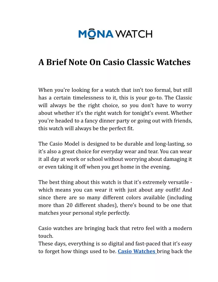 a brief note on casio classic watches