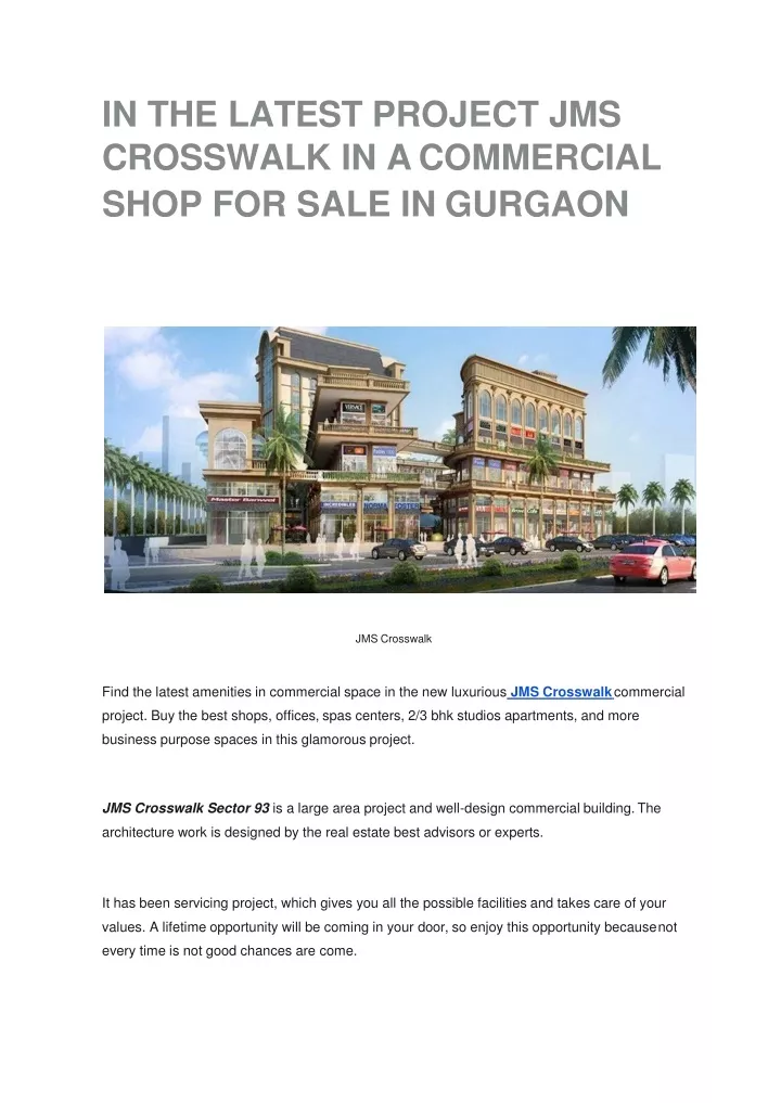 in the latest project jms crosswalk in a commercial shop for sale in gurgaon