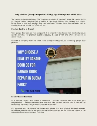 Why choose A Quality Garage Door Co for garage door repair in Buena Park