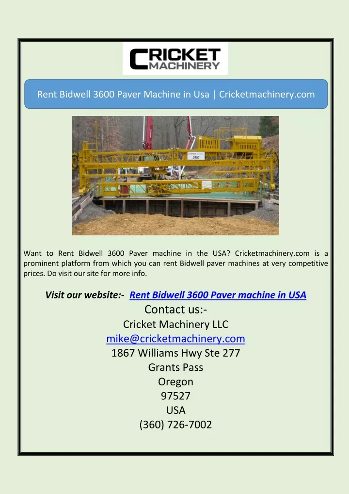 rent bidwell 3600 paver machine