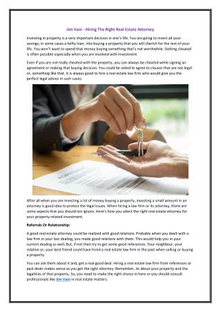 Jim Vani - Hiring The Right Real Estate Attorney