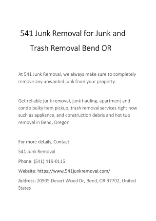 541 Junk Removal for Junk and Trash Removal Bend OR