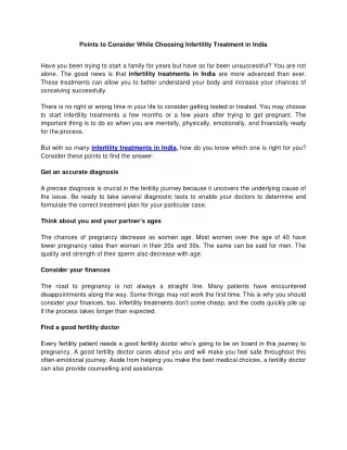 Points to Consider in Choosing Infertility Treatment in India