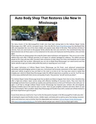 Auto Body Shop That Restores Like New In Mississauga