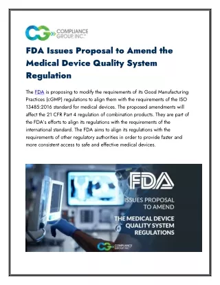 FDA Issues Proposal to Amend the Medical Device Quality System Regulation