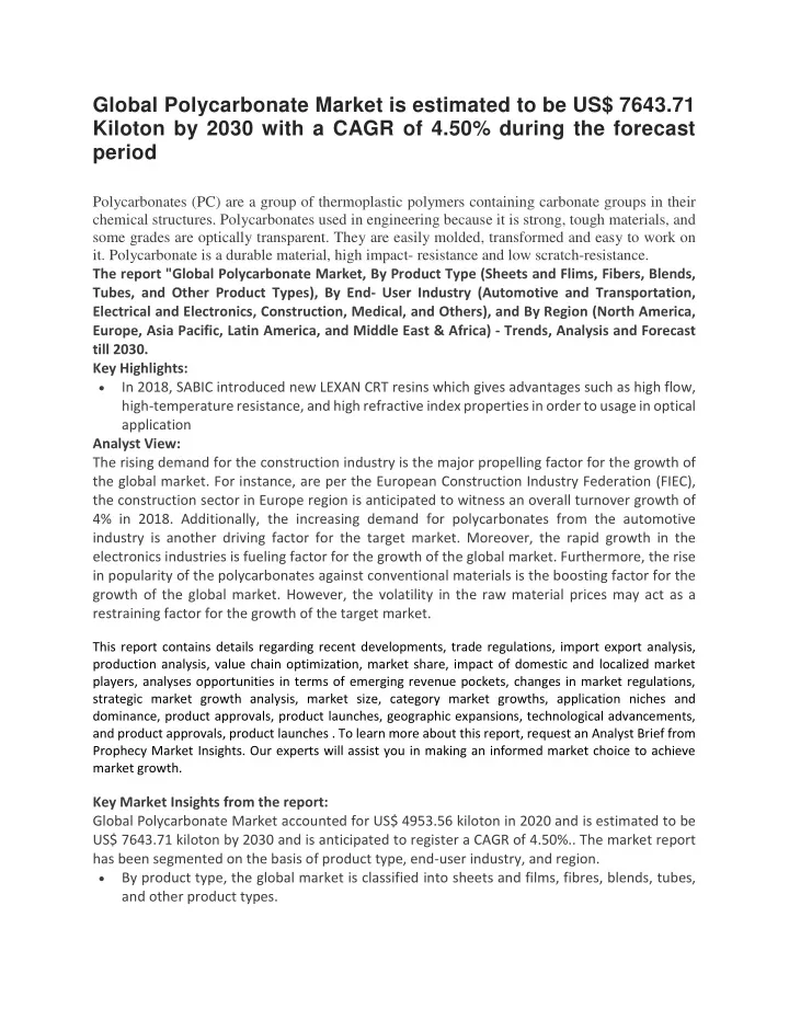 global polycarbonate market is estimated