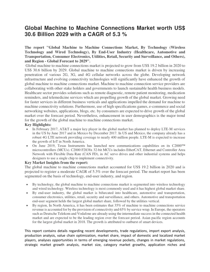 global machine to machine connections market