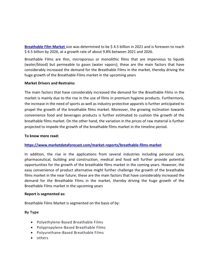 breathable film market size was determined