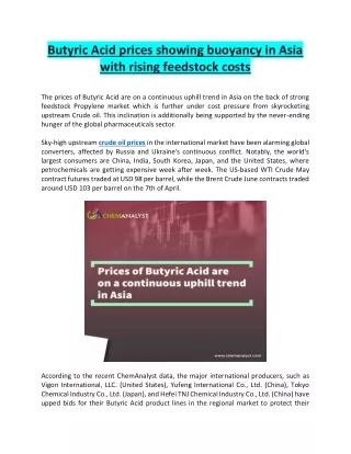 Butyric Acid prices showing buoyancy in Asia with rising feedstock costs