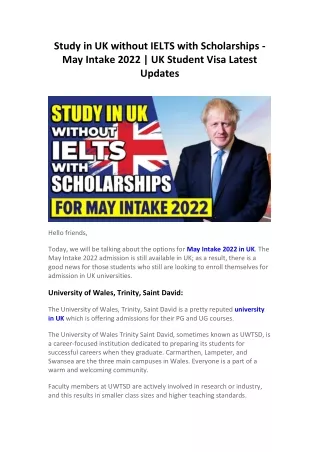 Study in UK without IELTS with Scholarships - May Intake 2022  UK Student Visa Latest Updates