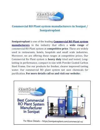 Commercial RO Plant system manufacturers in Sonipat