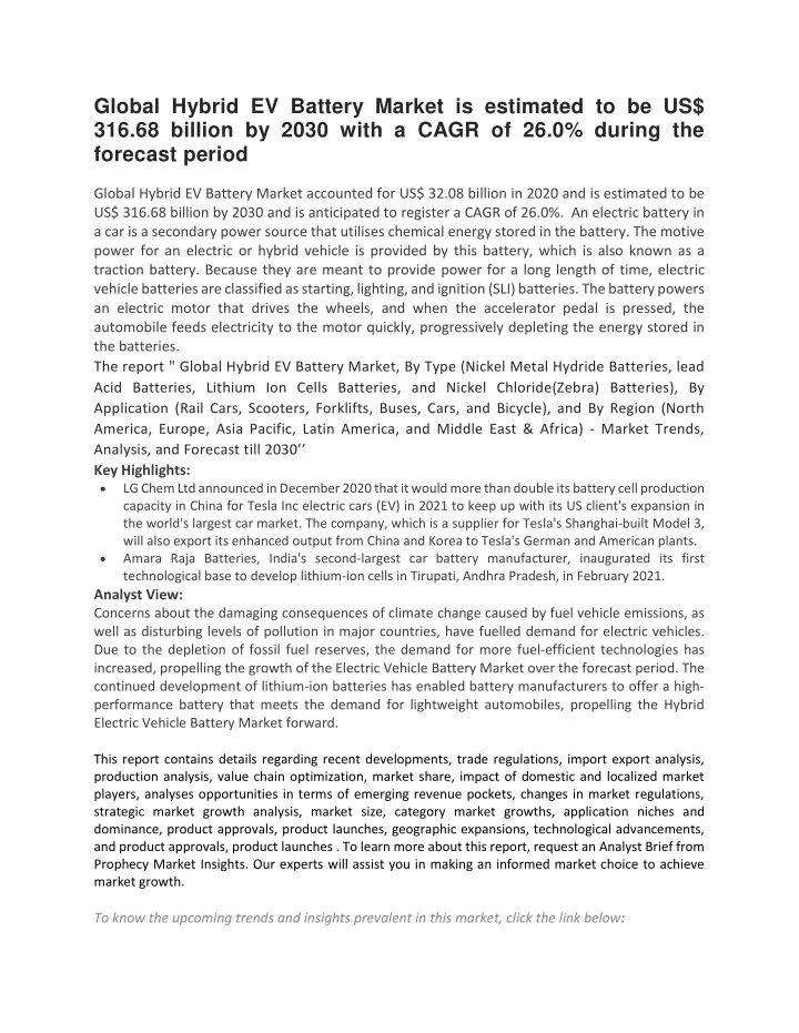 global hybrid ev battery market is estimated