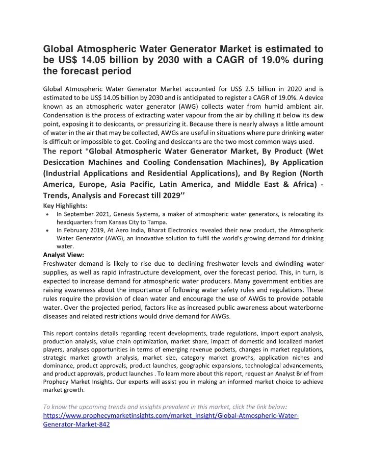 global atmospheric water generator market