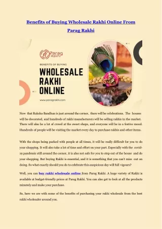 Benefits of Buying Wholesale Rakhi Online From Parag Rakhi