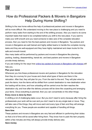 How do Professional Packers & Movers in Bangalore Help During Home Shifting