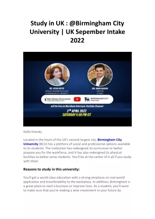 Study in UK  @Birmingham City University  UK Sepember Intake 2022