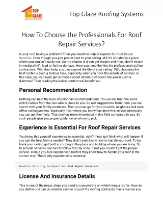 How To Choose the Professionals For Roof Repair Services