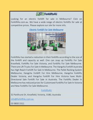 Electric Forklift For Sale Melbourne | Forklift4u.com.au