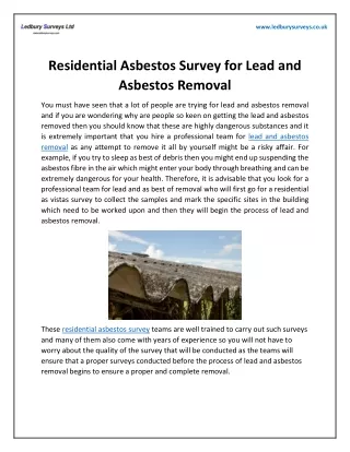 Residential Asbestos Survey for Lead and Asbestos Removal