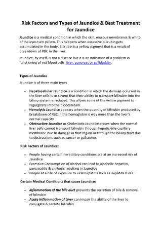 Risk Factors and Types of Jaundice & Best Treatment for Jaundice