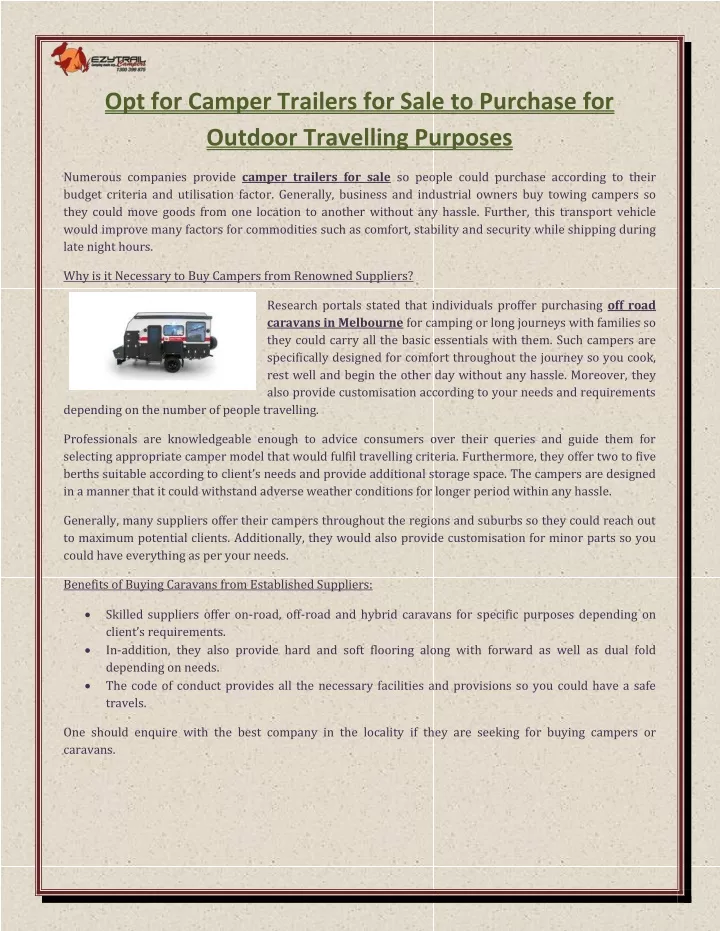 opt for camper trailers for sale to purchase