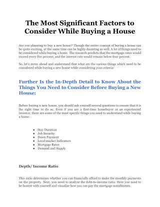 The Most Significant Factors to Consider While Buying a House