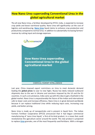 How Nano Urea superceding Conventional Urea in the global agricultural market