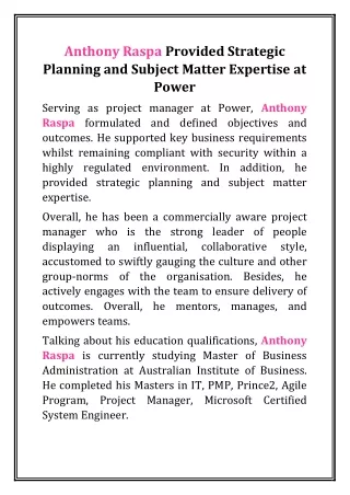 Anthony Raspa Provided Strategic Planning and Subject Matter Expertise at Power