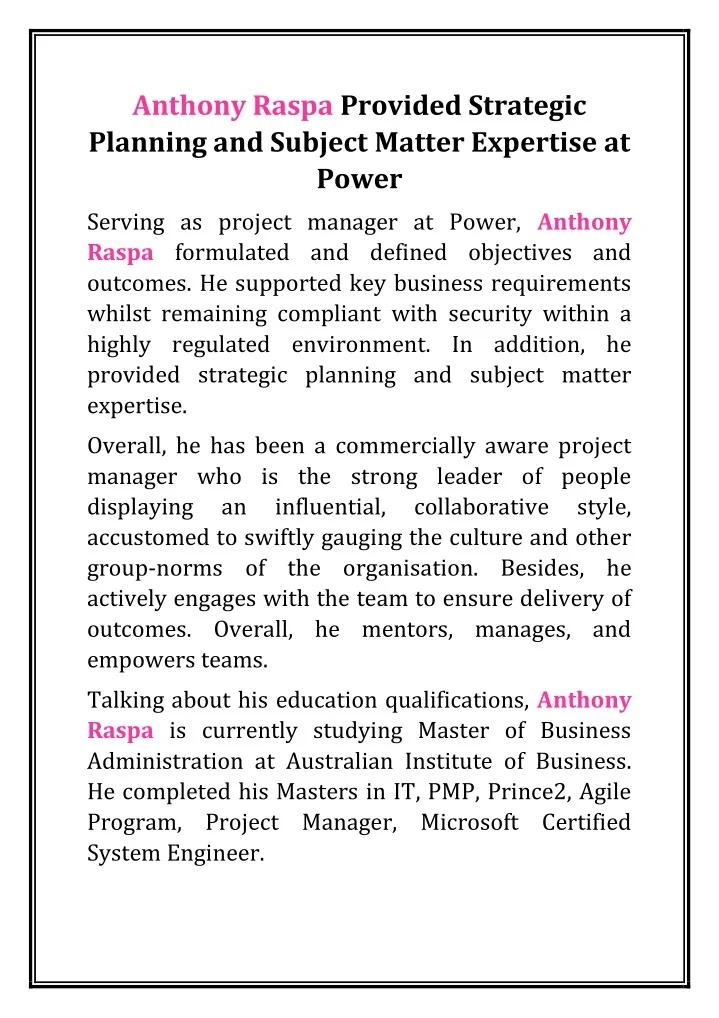 PPT - Anthony Raspa Provided Strategic Planning and Subject Matter ...