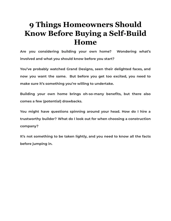 Ppt 9 Things Homeowners Should Know Before Buying A Self Build Home