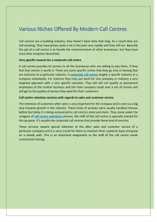 Various Niches Offered By Modern Call Centres