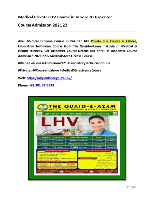 Medical Private LHV Course in Lahore & Dispenser Course Admission 2021 22