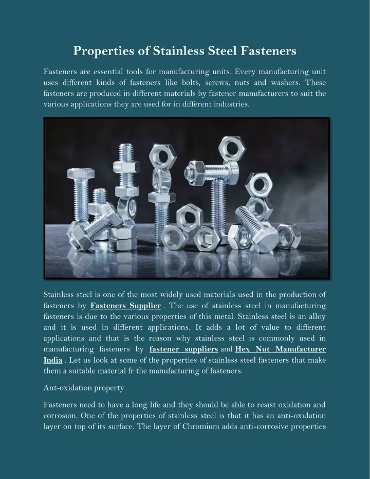 properties of stainless steel fasteners