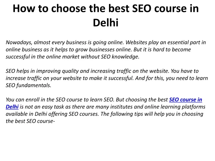 how to choose the best seo course in delhi