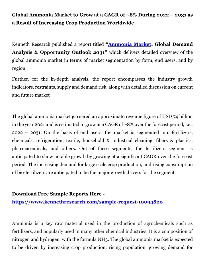global ammonia market to grow at a cagr