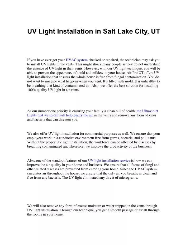 uv light installation in salt lake city ut