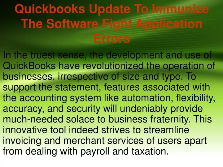 quickbooks update to immunize the software fight application errors