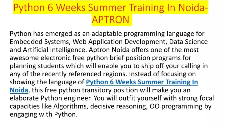 python 6 weeks summer training in noida aptron