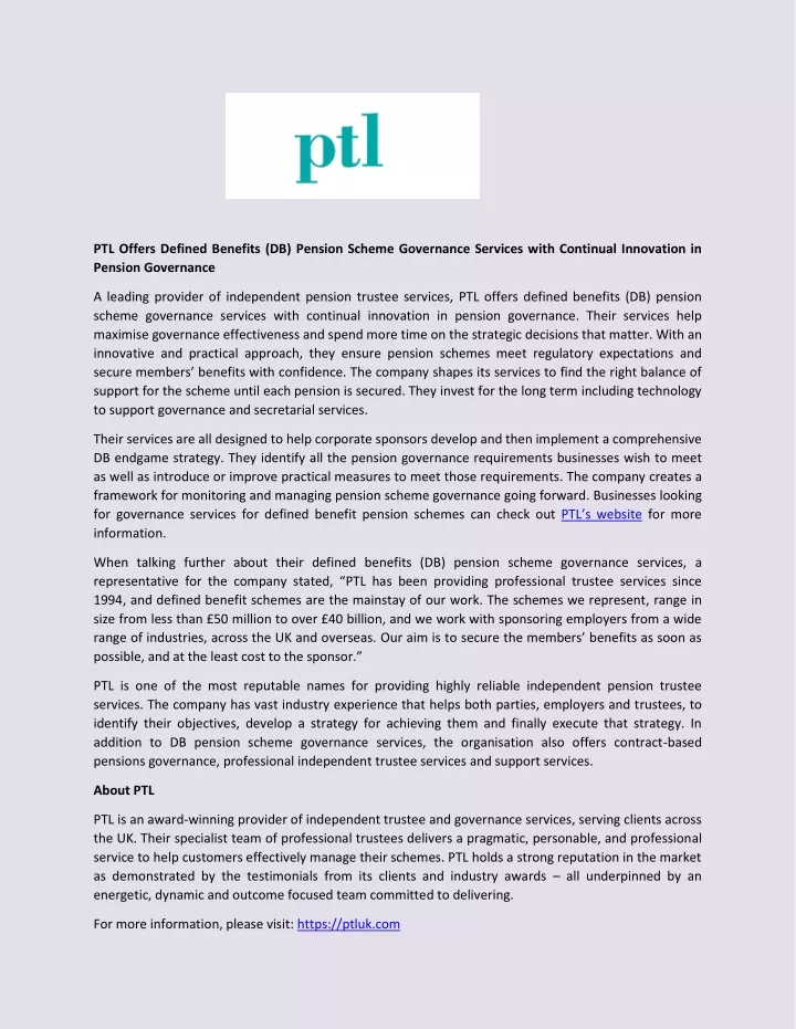ptl offers defined benefits db pension scheme