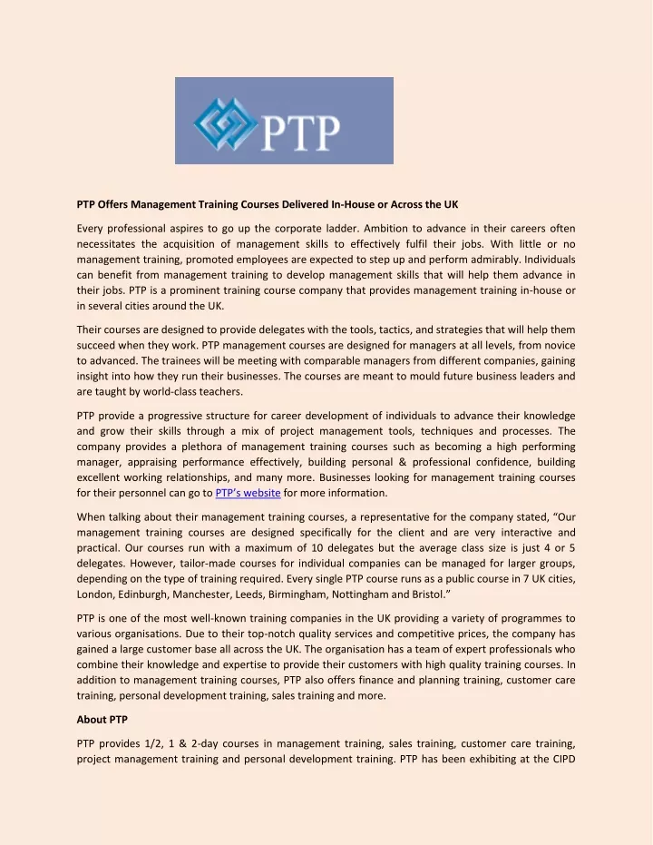 ptp offers management training courses delivered
