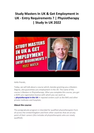 Study Masters In UK & Get Employment in UK - Entry Requirements   Physiotherapy  Study In UK 2022
