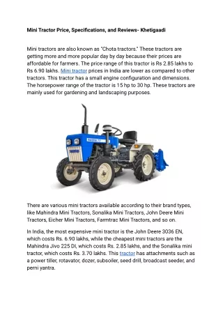 mini tractor price specifications and reviews