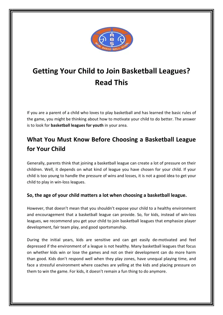 getting your child to join basketball leagues